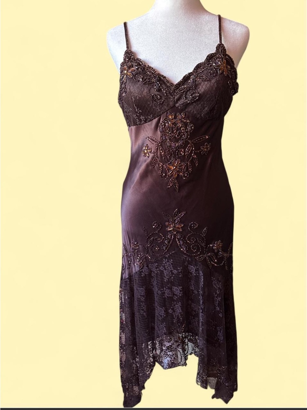 Vintage Sue Wong Chocolate Brown Lace-Trim Slip Dress